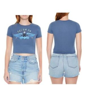 AeroSmith Dream On Blue Righstones Details Graphic Crop Top L